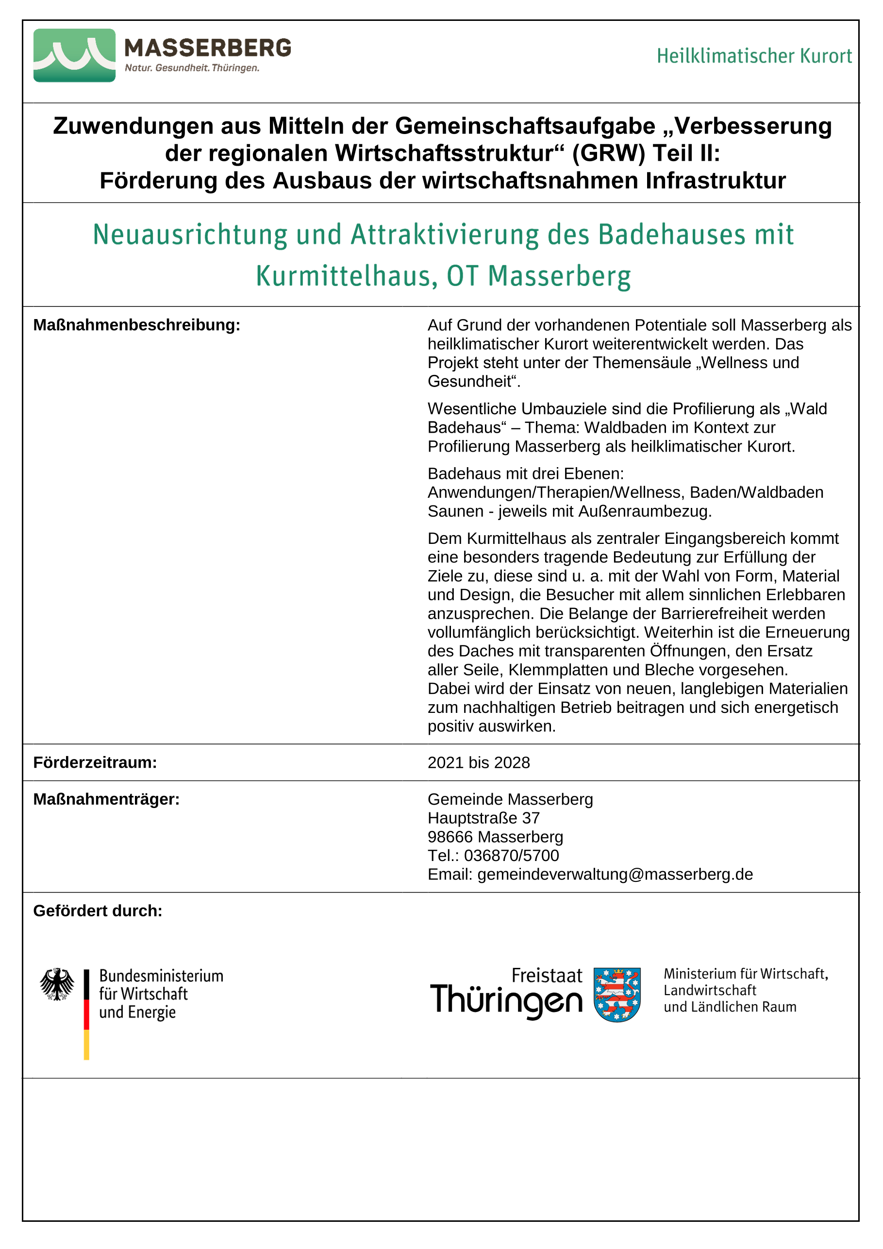 Maßnahmenbeschreibung Fördermaßnahme Neuausrichtung und Attraktivierung Badehaus Masserberg